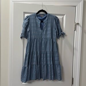 Altar'd State Babydoll Dress Tie Sleeve Tiered Ruffle Navy Blue Pockets